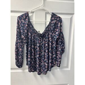 Jondie Navy Blue Floral Off The Shoulder Whimsey Goth Shirt Size S